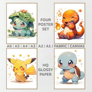 Poster 4er Set Beliebte niedliche Monster gen 1 - kawaii HQ Poster, Kinder Kinderzimmer, Wand-Dekor Kunst, Stoff / Papier Druck / Gobelin Leinwand