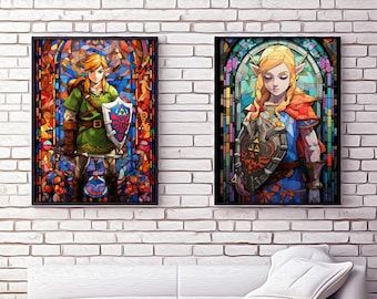 Set di poster di 2, popolare leggenda del gioco, avventura, camera dei bambini con poster in vetro colorato, decorazione da parete, stampa artistica su tessuto e carta, arazzo