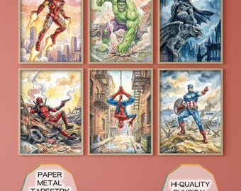 Superhero Poster Set Wall Art , American Comic Heroes Minimal poster Bundle of 6