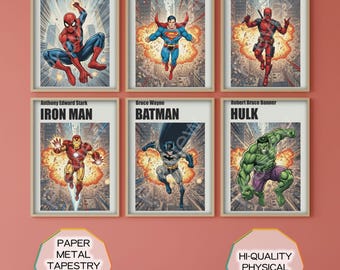 Superhero  Wall Art Poster Set of 6, Comic Style Boys Room Decor, Physical Print