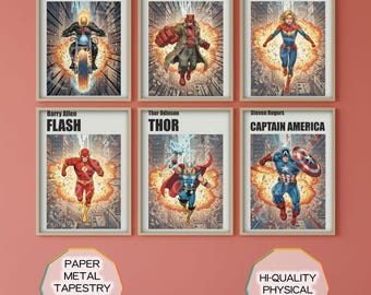 Superhero Wall Art Poster, American Comic Heroes Minimal poster Set of 6