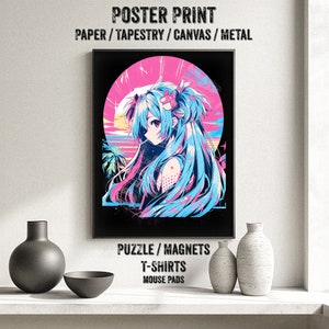 Popular Japanese Virtual Idol Anime Girl Poster - Watercolor, Waifu Otaku Gift Fabric, Canvas, pop art print, vocal, retro oldschool metal