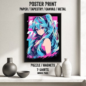 Popular Japanese Virtual Idol Anime Girl Poster - Watercolor, Waifu Otaku Gift Fabric, Canvas, pop art print, vocal, retro oldschool metal