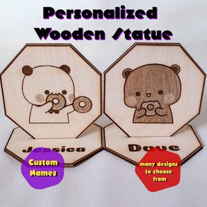 Figuras de madera personalizadas Dudu & Bubu, Estatuas, Grabado láser, Quemado, Goma y Melocotón, figura personalizada, nombres personalizados, Regalo para enamorados