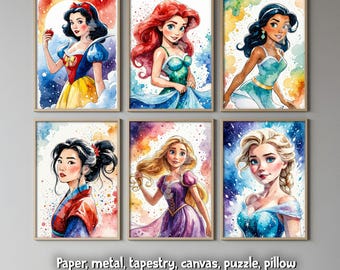 Princess Poster Set of 6 Watercolor Wall Art, Nursery Princess Decor, Girls Room Decors