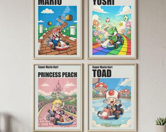 Super Mario Kart Watercolor Wall Art 4 Set for Kids Room, Mario Racing Prints Nursery Decor Boys Bedroom Gamer Poster,  Bundle Art