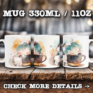 Popular Anime Virtual Singer Idol Mug, Glossy Coffee Cup, Anime fan, 11oz 330ml, Japanese Art Style, waifu otaku, moe kawaii, chibi reaction