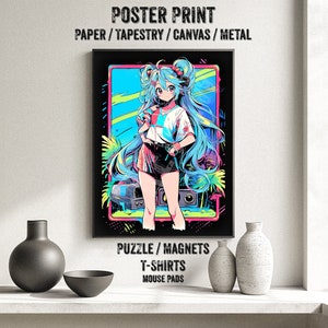 Popular Japanese Virtual Idol Anime Girl Poster - Watercolor, Waifu Otaku Gift Fabric, Canvas, pop art print, vocal, retro oldschool metal