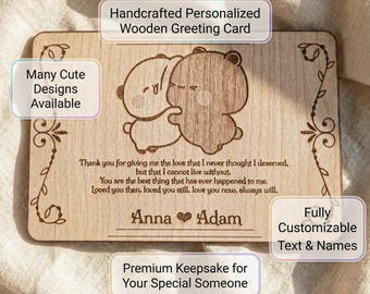 Dudu & Bubu Personalized Wooden Greetings Card, Laser Engraving, Burn, Goma and Peach, customized names, Gift for lovers