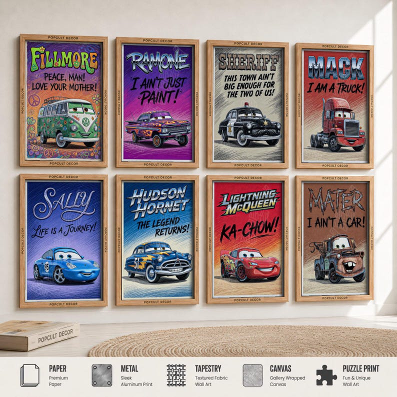 Lightning McQueen 8 Watercolor Hand-Drawing  Posters - Cars Wall Bundle Art, Nursery Decor, Playroom Decoration, Gift for Boy