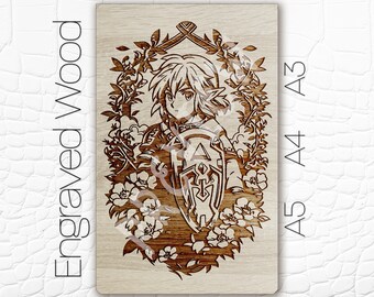 May include: Engraved wood art featuring a detailed illustration of a character holding a shield, surrounded by floral elements. The artwork is in a light brown color, with the words "Engraved Wood" on the left side. Sizes A3, A4, and A5 are listed on the right.