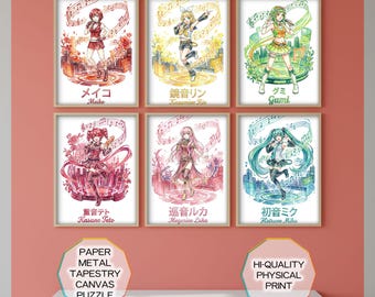 Vocaloid Watercolor 6 Poster Set, Miku Anime Wall Art Bundle, Manga Gift, Tapestry, Teto, Gumi,