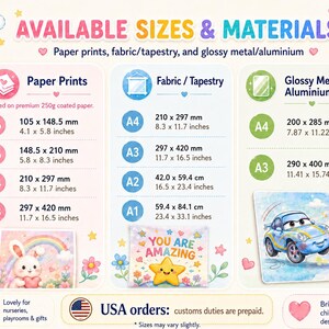 May include: An informational chart titled AVAILABLE SIZES & MATERIALS listing options for Paper Prints, Fabric/Tapestry, and Glossy Metal/Aluminium. It details specific dimensions in millimeters and inches for A6, A5, A4, A3, A2, and A1 sizes.
