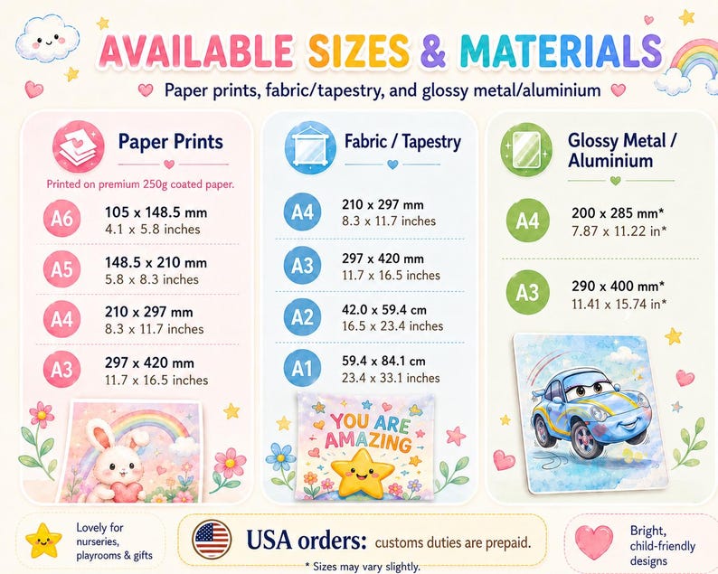 May include: An informational chart titled AVAILABLE SIZES & MATERIALS listing options for Paper Prints, Fabric/Tapestry, and Glossy Metal/Aluminium. It details specific dimensions in millimeters and inches for A6, A5, A4, A3, A2, and A1 sizes.