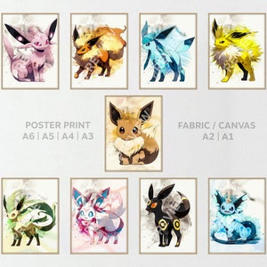 Set di poster di 9 mostri anime popolari evoluzione - poster acquerello, cameretta dei bambini, decorazione da parete Arte, tessuto e stampa su carta / tela arazzo
