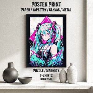 Popular Japanese Virtual Idol Anime Girl Poster - Watercolor, Waifu Otaku Gift Fabric, Canvas, pop art print, vocal, retro oldschool metal