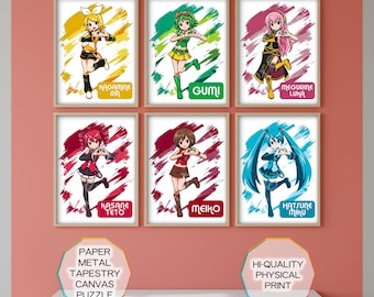 Vocaloid Watercolor 6 Poster Set, Miku Anime Wall Art Bundle, Cute Manga Gift, Gumi, Meiko, Luka, Rin, Neru, Teto, Tapestry