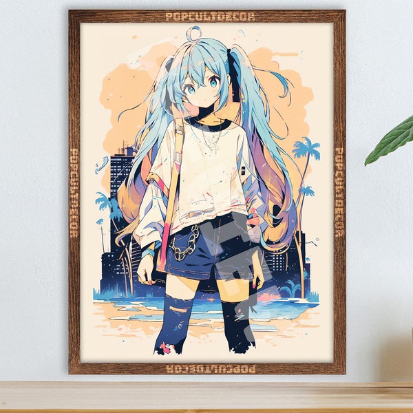 Popular Japanese Virtual Idol Anime Girl Poster - Watercolor, Waifu Otaku Gift Fabric, Canvas, pop art print, vocal, retro oldschool metal