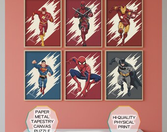 American Superhero Wall Art Bundle, Comic Heroes Minimal poster Set of 6
