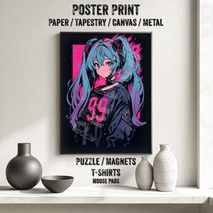 Popular Japanese Virtual Idol Anime Girl Poster - Watercolor, Waifu Otaku Gift Fabric, Canvas, pop art print, vocal, retro oldschool metal
