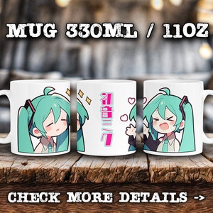 Popular Anime Virtual Singer Idol Mug, Glossy Coffee Cup, Anime fan, 11oz 330ml, Japanese Art Style, waifu otaku, moe kawaii, chibi reaction