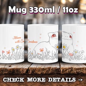 Motivation Mug - Bloom With Confidence, Coffee Cup, Cartoon Kids Gift, Anime fan, 11oz 330ml, Japanese Art Style, Birthday, Popular Monsters