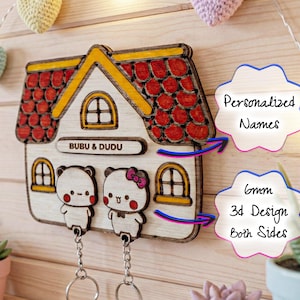 Personalized Bubu and Dudu Key Holder, 3D Wooden Couple Gift, Colorized Cute Bear Keychains with Magnet, Custom Anniversary Present
