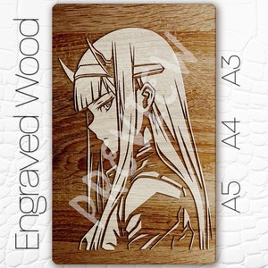 May include: Engraved wood art piece featuring a detailed anime character profile. The artwork is laser-cut, showcasing a light-colored design against a dark wood background. The text "Engraved Wood" is vertically aligned on the left.
