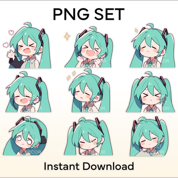 PNG File - Cute Moe Virtual Singer Reaction Emotion Set - Printable File, Kawaii Sticker, T-Shirt, Instant Download Digital File
