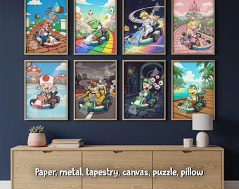 Super Mario Kart Watercolor Wall Art Set for Kids Room, Mario Racing Prints Nursery Decor Boys Bedroom Gamer Poster, Bundle of 8