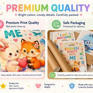 May include: A promotional graphic displaying premium quality art prints featuring a white rabbit and orange fox holding a red heart. The text includes PREMIUM QUALITY, Premium Print Quality, Safe Packaging, I AM AWESOME, KINDNESS STARTS WITH ME, and SALLY.