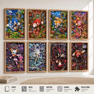 May include: A set of eight rectangular wall art prints featuring Sonic the Hedgehog characters including Sonic, Knuckles, Tails, Amy, Rouge, Silver, Shadow, and Dr. Eggman, each framed in light wood and labelled with the text POPCULT DECOR.