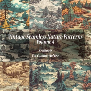 Vintage Seamless Nature Patterns - Volume 4 | Digitaler Download - 25 Bilder - PNG – Digitale Papierstrukturen mit Bäumen, Fluss, Berg, Himmel