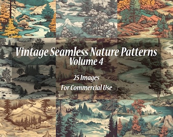 Vintage Seamless Nature Patterns - Volume 4 | Digital Download - 25 Images - PNG – Digital Paper Textures with Trees, River, Mountain, Sky