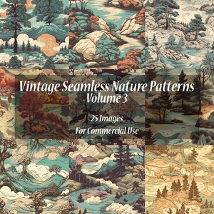 Vintage Seamless Nature Patterns - Volume 3 | Digitaler Download - 25 Bilder - PNG – Digitale Papierstrukturen mit Bäumen, Fluss, Berg, Himmel