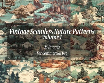 Vintage Seamless Nature Patterns - Volume 1 | Digital Download - 25 Images - PNG – Digital Paper Textures with Trees, River, Mountain, Sky