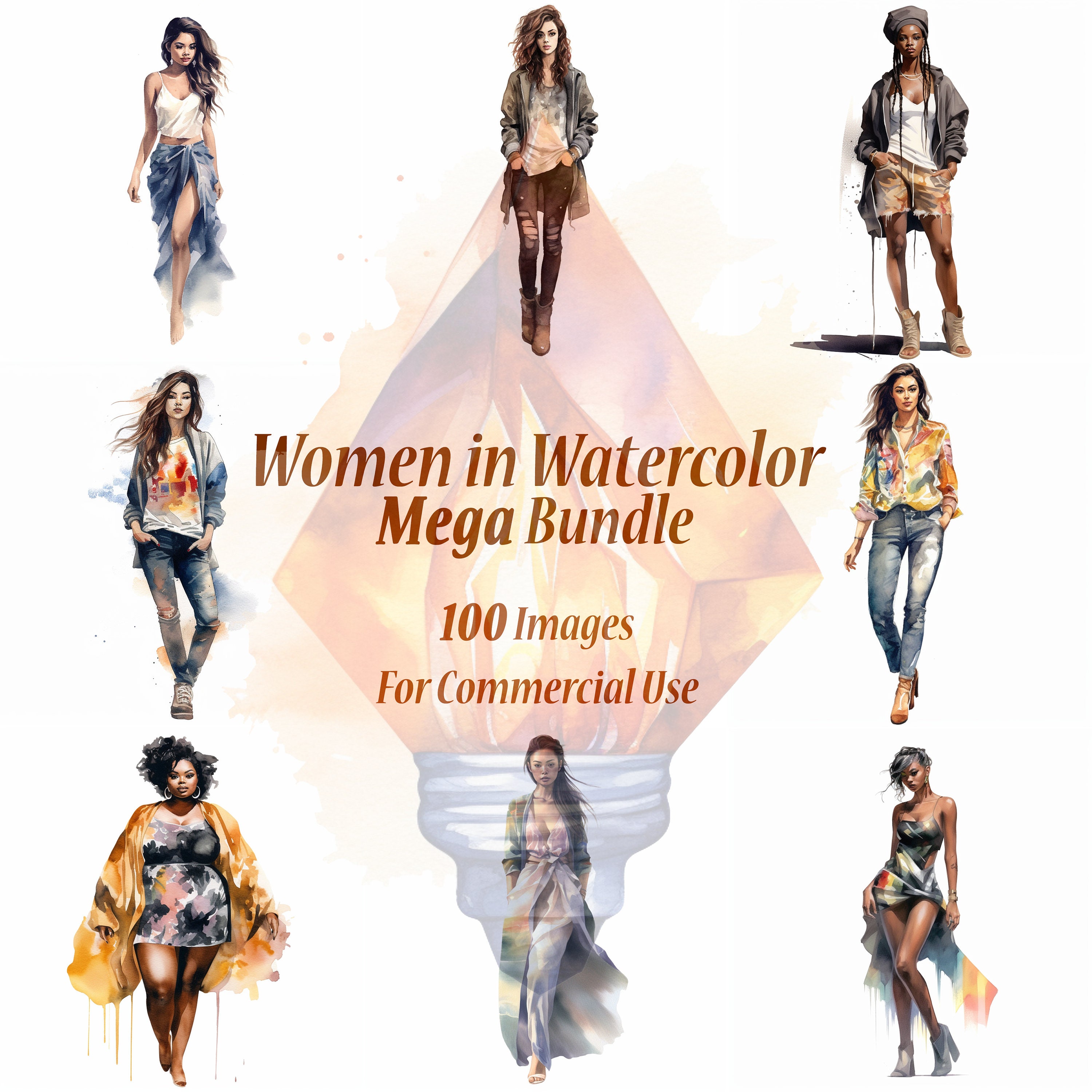 Women in Watercolor - Mega Bundle | Digital Download - 100 Images - PNG with White Background | Commercial Use, Card Making, Mixed Media