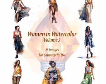 Women in Watercolor - Volume 2 | Digital Download - 25 Images - PNG with White Background | Commercial Use, Card Making, Mixed Media