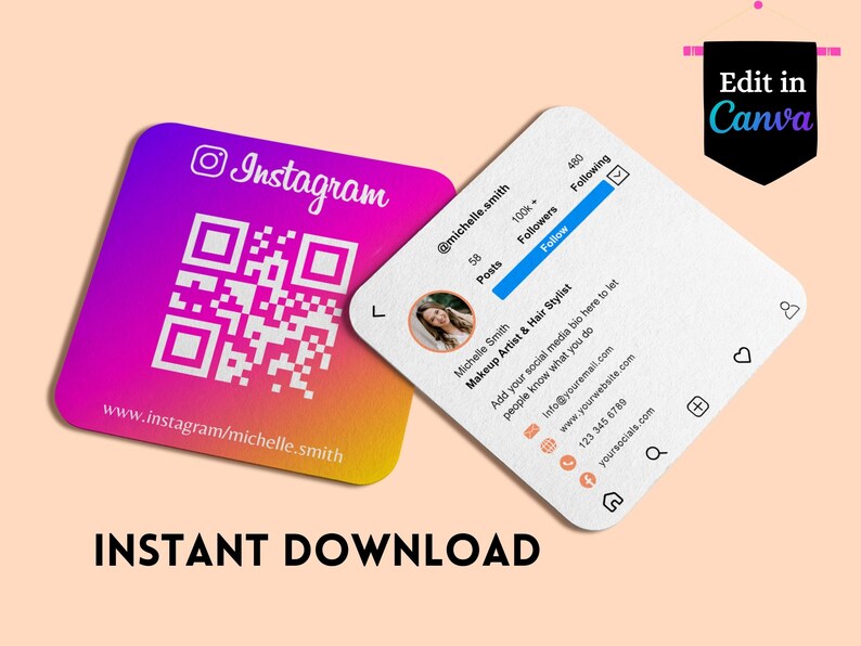Instagram Business Card QR Code ,canva Template Influencer Cards, IG