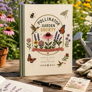 May include: A hardcover book titled Pollinator Garden Society with a cream cover featuring illustrations of a hummingbird, butterflies, a bee, and various flowers. The text reads More Flowers - More Pollinators - More Joy and Garden Notes & Observations.
