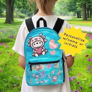 Sac à dos Axolotl personnalisé| Sac spacieux et robuste à monogramme de 17 po. pour la rentrée scolaire | Cadeau fille élégante | Incontournable pour la rentrée