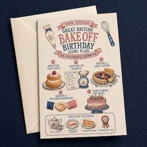 May include: A cream-colored birthday greeting card featuring a Great British Bake Off theme. The card displays illustrations of baking tools, a cream puff, a recipe card, a berry tart, a handshake, and a cake, with text detailing a game plan.
