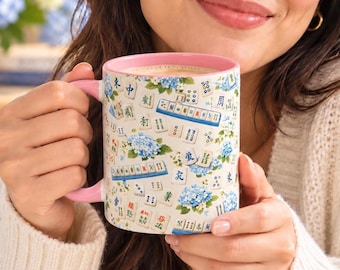 Mahjong Tile Coffee Mug Pink Floral Hydrangea | Mahjong Xmas Gift for Mom | Coastal Grandmillennial Mahjong Lover Cup | Game Night Gift