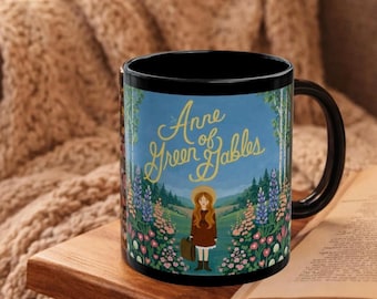 Anne of Green Gables Mug, Cozy Book Lover Mug, Floral Cottagecore, Literary Reader Gift, Black Ceramic Cup Book Club Gift