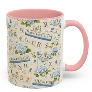 Mahjong Tile Coffee Mug Pink Floral Hydrangea | Mahjong Mom Gift | Coastal Grandmillennial Mahjong Lover Cup | Game Night Coffee Mug image 4