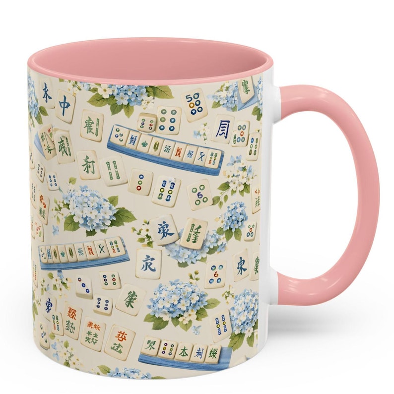 Mahjong Tile Coffee Mug Pink Floral Hydrangea | Mahjong Mom Gift | Coastal Grandmillennial Mahjong Lover Cup | Game Night Coffee Mug image 4