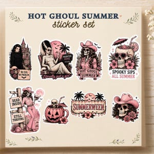 May include: A sticker set with a 'Hot Ghoul Summer' theme. The set features various spooky illustrations, including a skeleton in a cowboy hat, a skull cocktail, and a haunted hotel. The stickers are in shades of pink, black, and white.