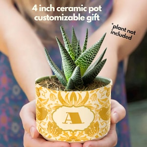 May include: A 4-inch ceramic pot with a gold floral design and the letter "A" is held in the hands. The pot contains a green succulent plant. Text on the image reads "4 inch ceramic pot customizable gift" and "*plant not included."
