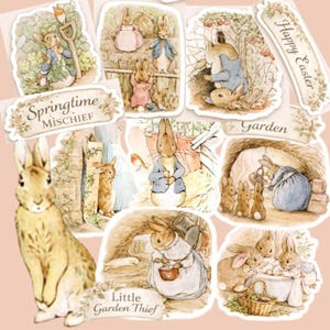 Pegatinas de vinilo de Peter Rabbit / Conejo en acuarela estilo cottagecore de Beatrix Potter / Lindas ilustraciones de conejitos / Decoración para la habitación del bebé en baby shower