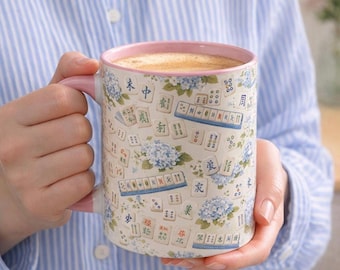 Mahjong Tile Coffee Mug Pink Floral Hydrangea | Mahjong Mom Gift | Coastal Grandmillennial Mahjong Lover Cup | Game Night Coffee Mug